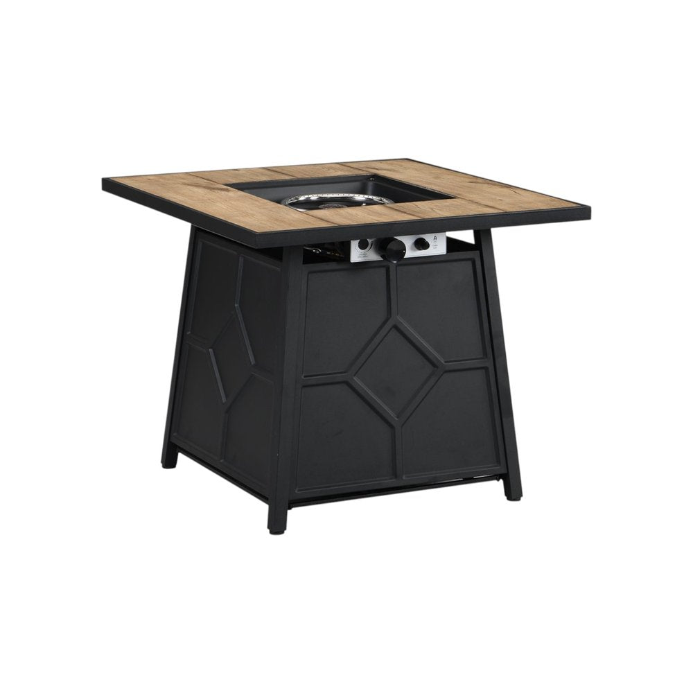 Square propane fire pit with a brown wood-look tabletop and black metal base with geometric detailing.