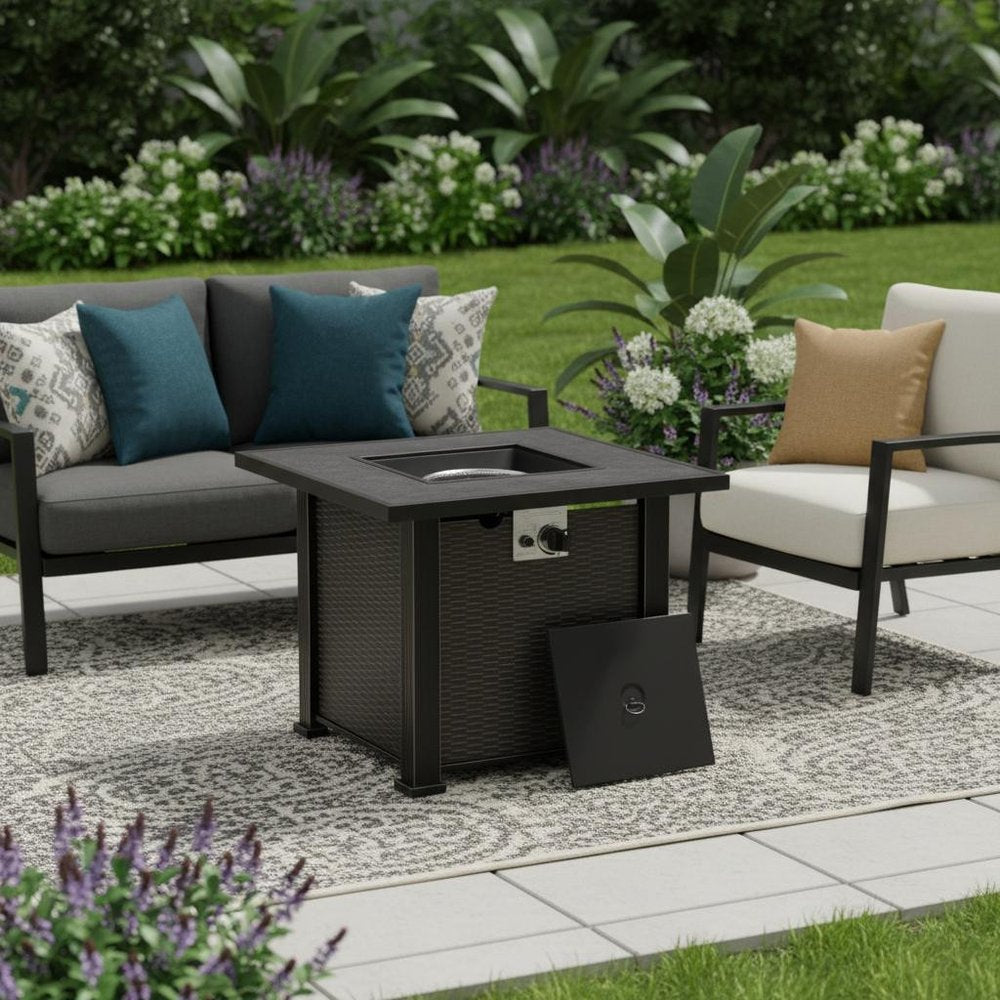 50000 BTU 30" Black Steel Propane Square Fire Pit With Cover shown outdoors on a patio with greenery.