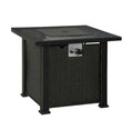 50000 BTU 30" Black Steel Propane Square Fire Pit With Cover. Outdoor fireplaces and firepit isolated on a plain white background, showing a black metal surface.