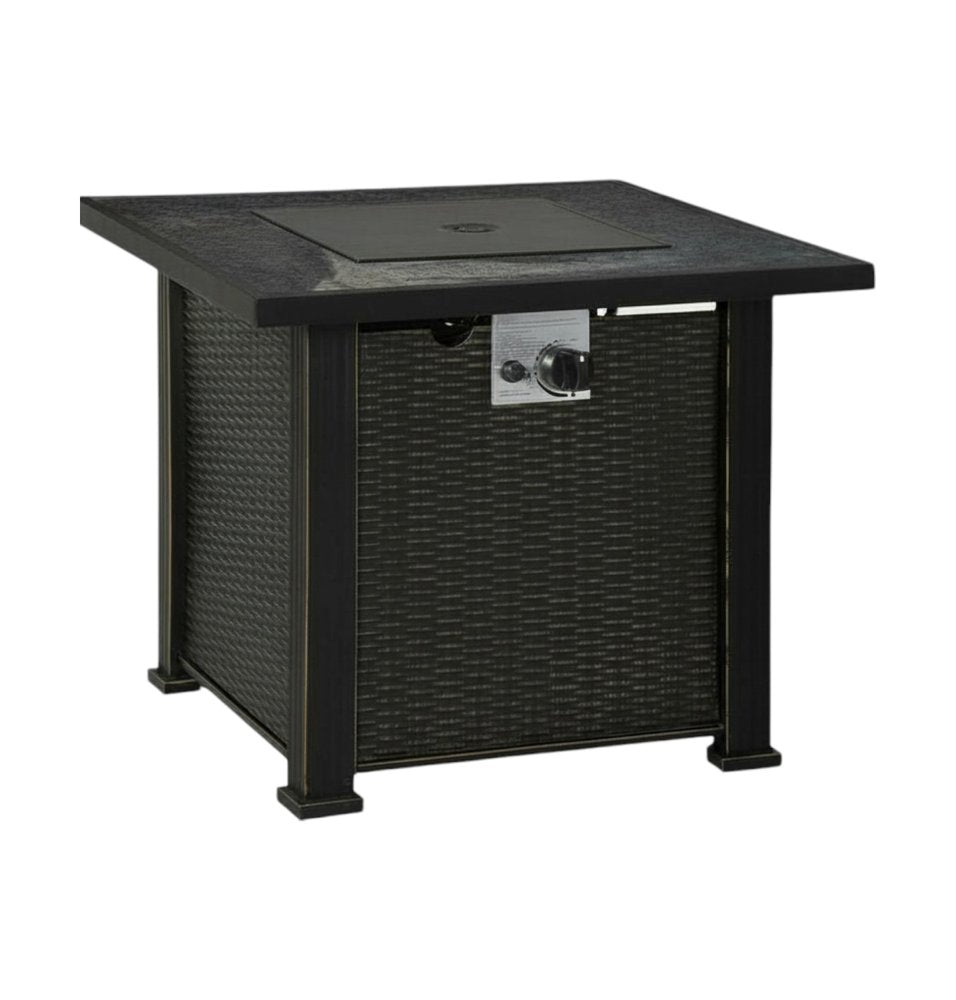 Black steel propane square fire pit with a woven texture base and a black cover on top.