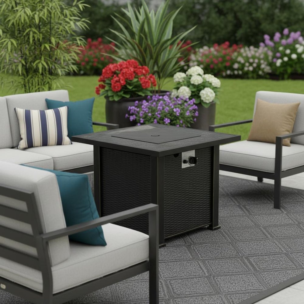 50000 BTU 30" Black Steel Propane Square Fire Pit With Cover shown outdoors on a tiled patio with greenery.