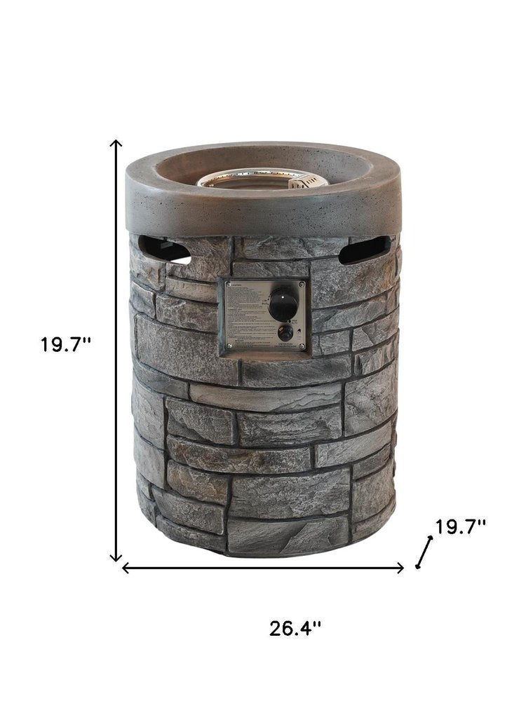 32000 BTU 26" Gray Magnesium Oxide Propane Round Fire Pit With Cover. Outdoor fireplaces and firepit isolated on a plain white background, in a gray finish.