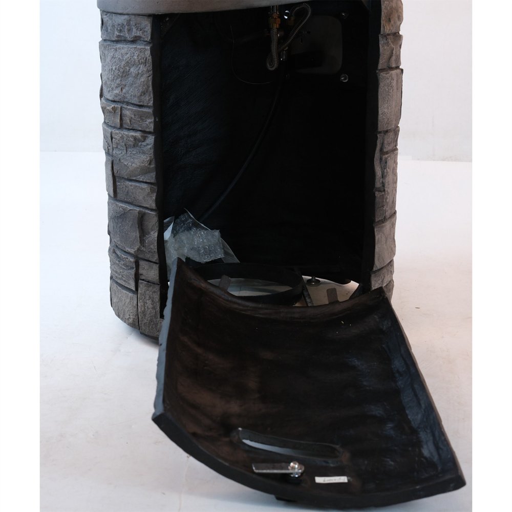 32000 BTU 26" Gray Magnesium Oxide Propane Round Fire Pit With Cover. Outdoor fireplaces and firepit isolated on a plain white background, finished in gray.