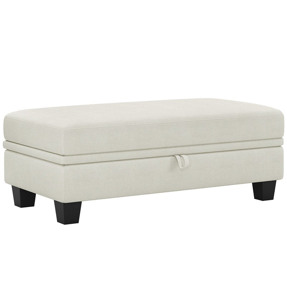 Beige chenille storage ottoman with black legs on a white background.