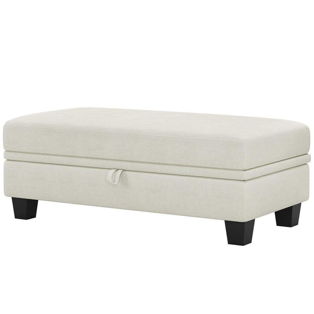 46" Beige And Black Chenille Ottoman With Storage. Ottoman isolated on a plain white background, showing its beige color.