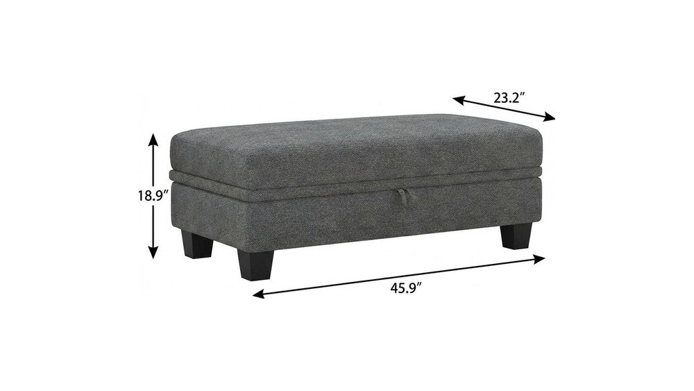 46" Beige And Black Chenille Ottoman With Storage. Ottoman isolated on a plain white background, in a black finish.