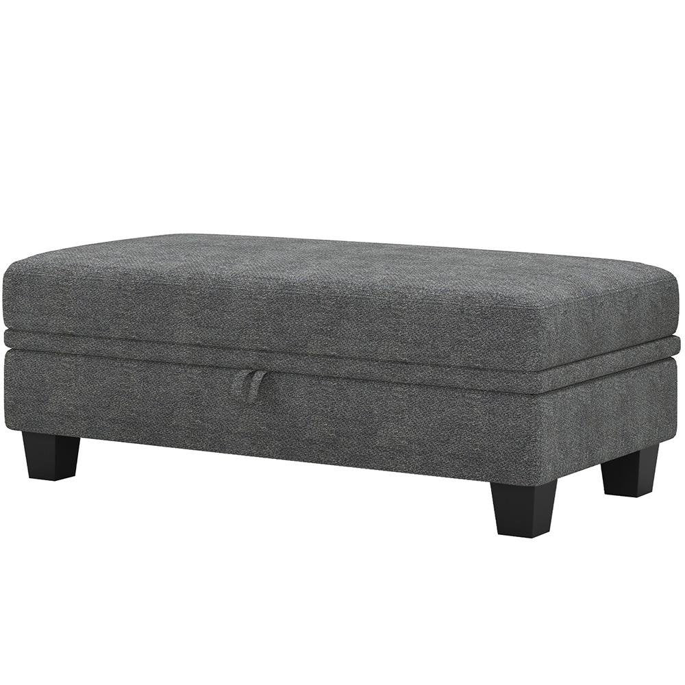 46" Beige And Black Chenille Ottoman With Storage. Ottoman isolated on a plain white background, showing its black color.