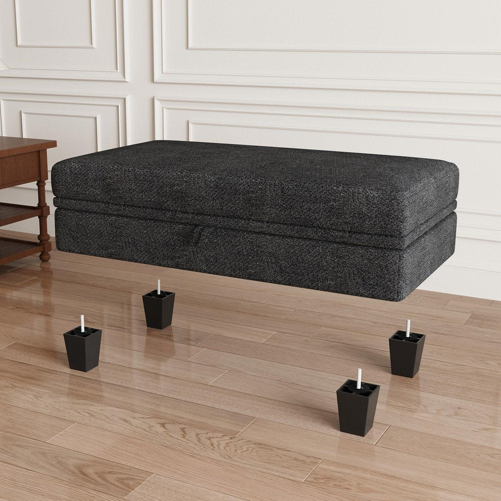 46" Beige And Black Chenille Ottoman With Storage. Ottoman in beige.