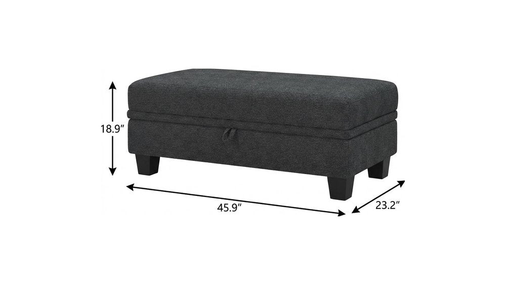 46" Beige And Black Chenille Ottoman With Storage. Ottoman isolated on a plain white background, in a black finish.