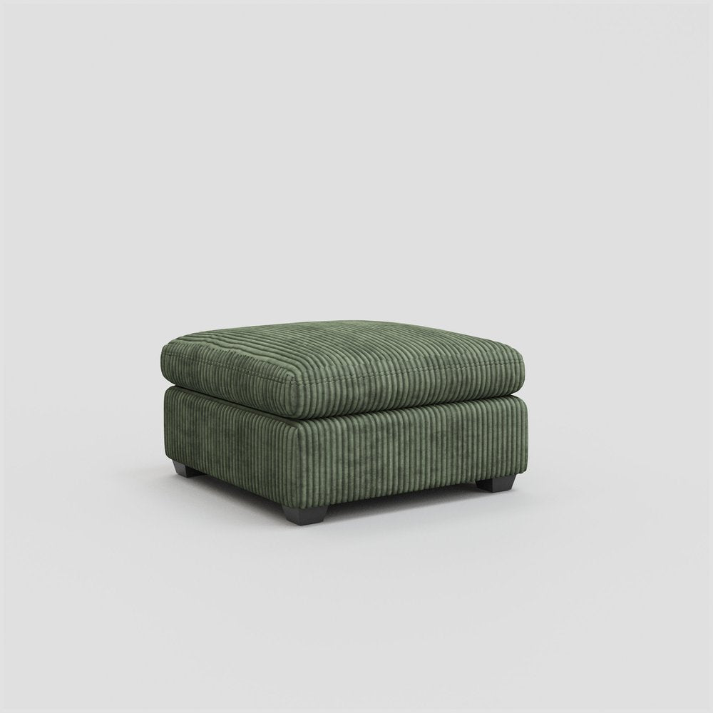 Green corduroy ottoman with black legs on a white background.