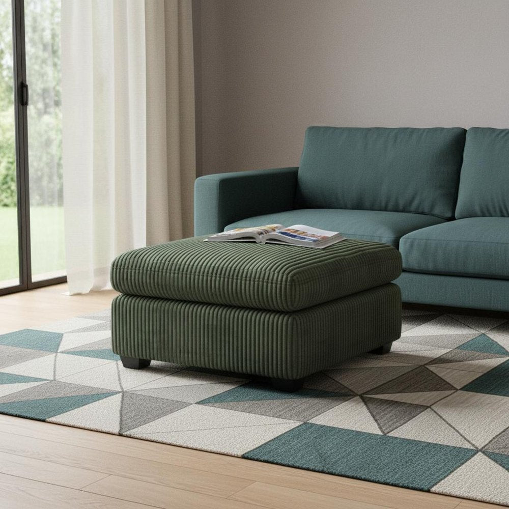 32" Green and Black Corduroy Ottoman. Ottoman in black.