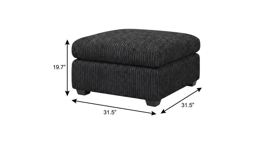 32" Green and Black Corduroy Ottoman. Ottoman isolated on a plain white background, finished in black.