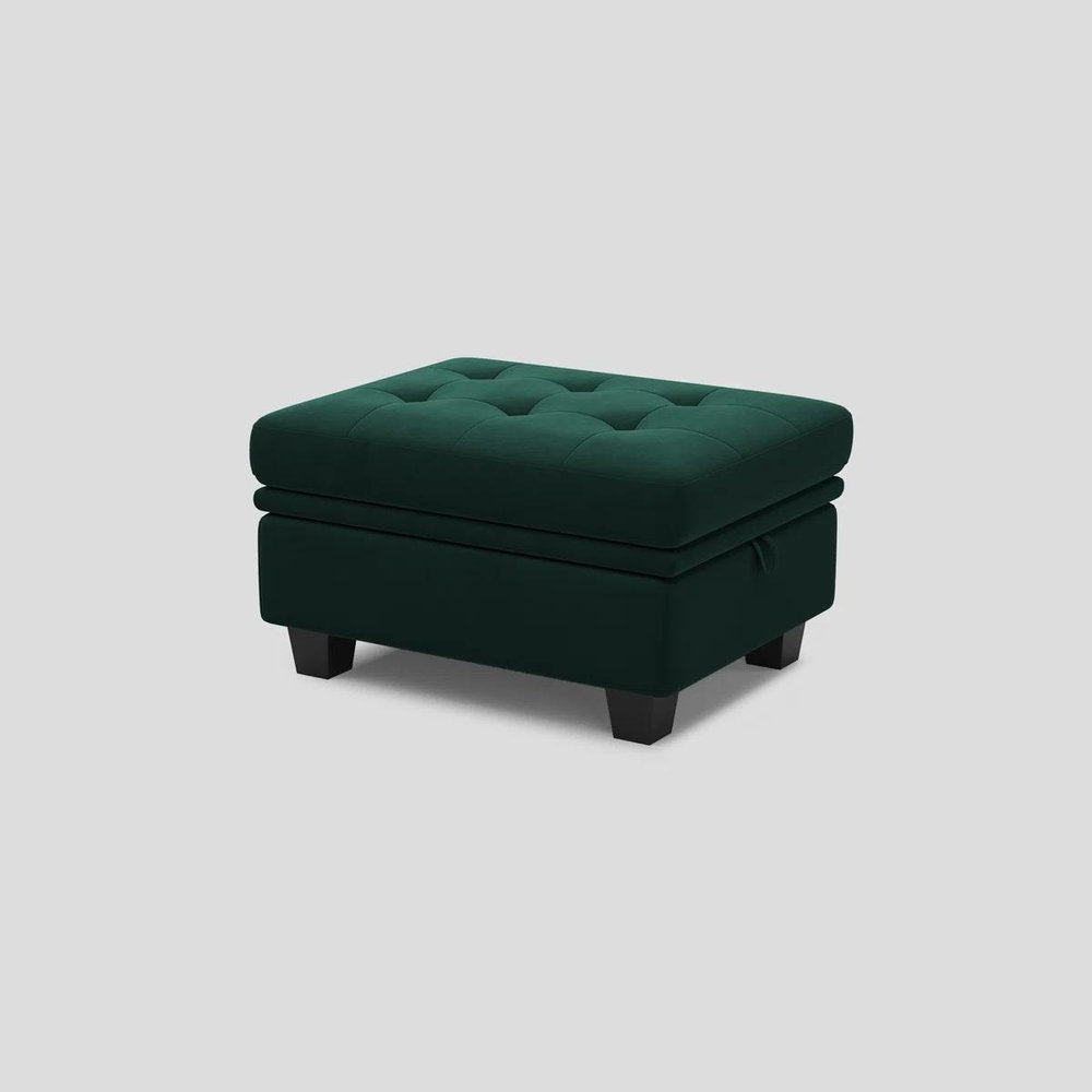 32" Green And Black Velvet Tufted Ottoman With Storage. Ottoman isolated on a plain white background, showing a black velvet surface.