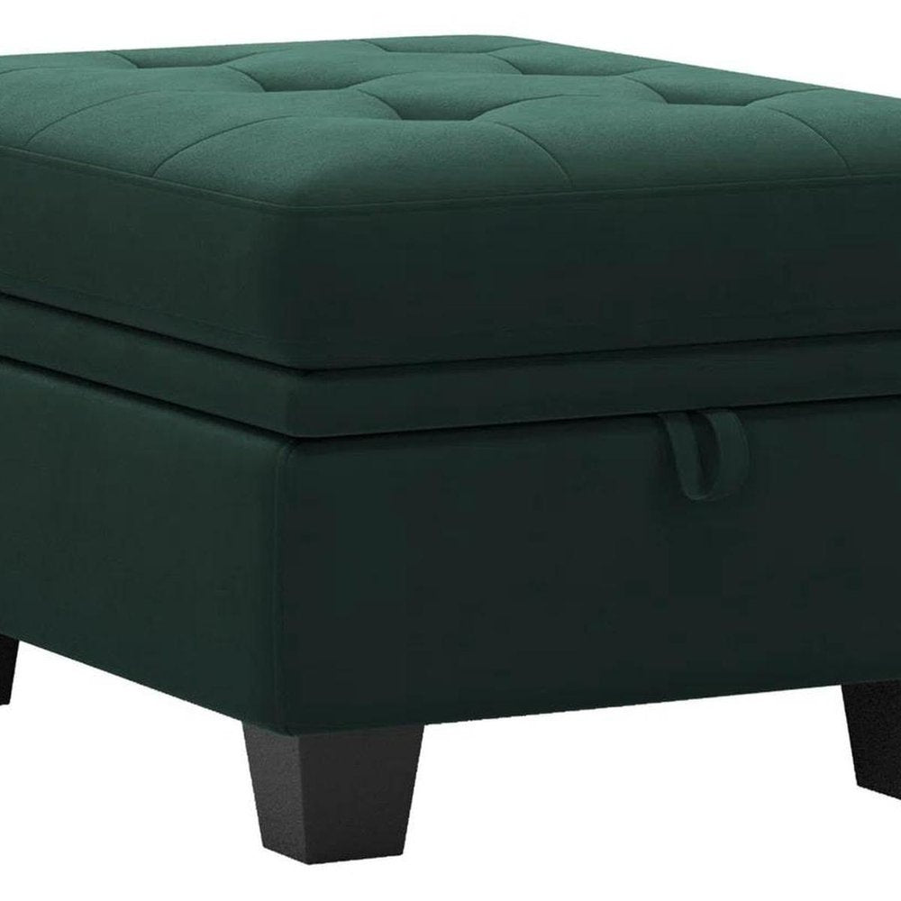 32" Green And Black Velvet Tufted Ottoman With Storage. Ottoman isolated on a plain white background, finished in black velvet.