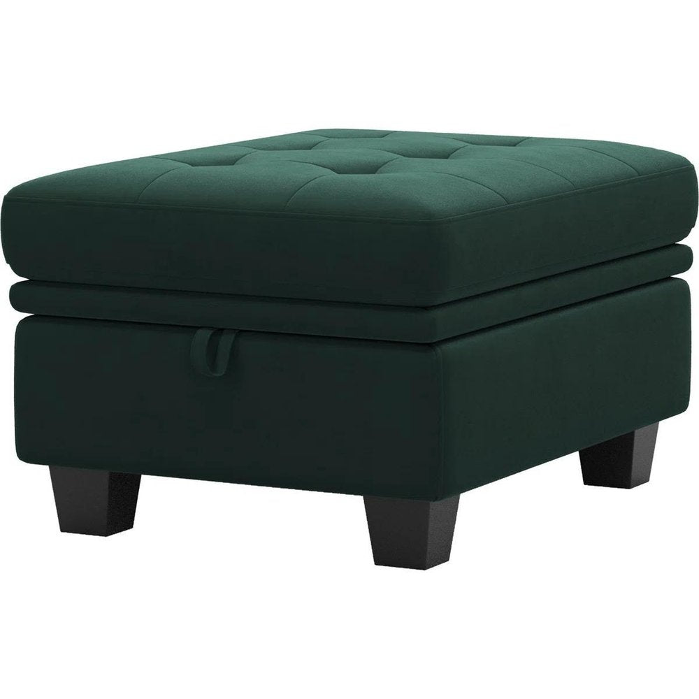 32" Green And Black Velvet Tufted Ottoman With Storage. Ottoman isolated on a plain white background, showing a black velvet surface.