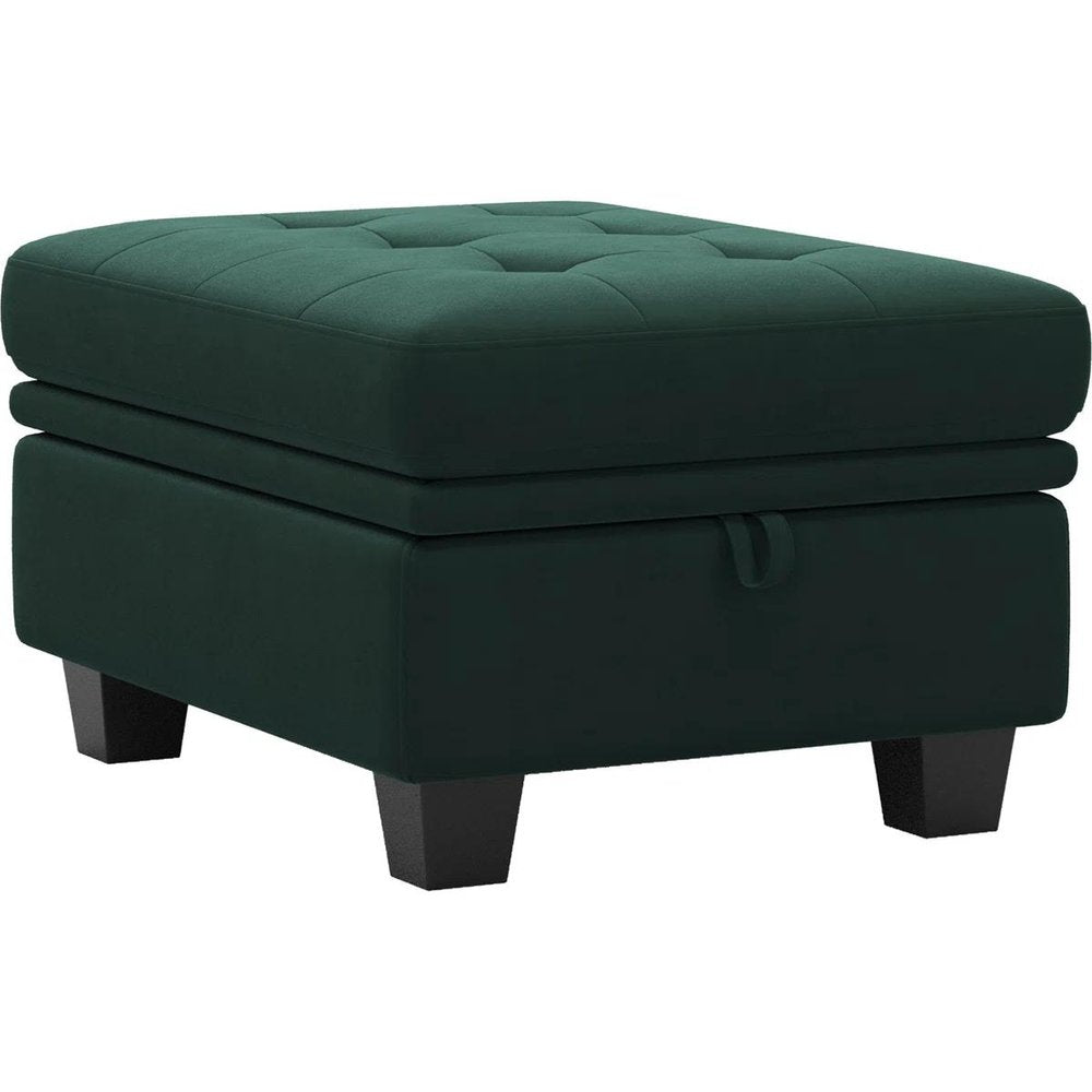 32" Green And Black Velvet Tufted Ottoman With Storage. Ottoman isolated on a plain white background, finished in black velvet.