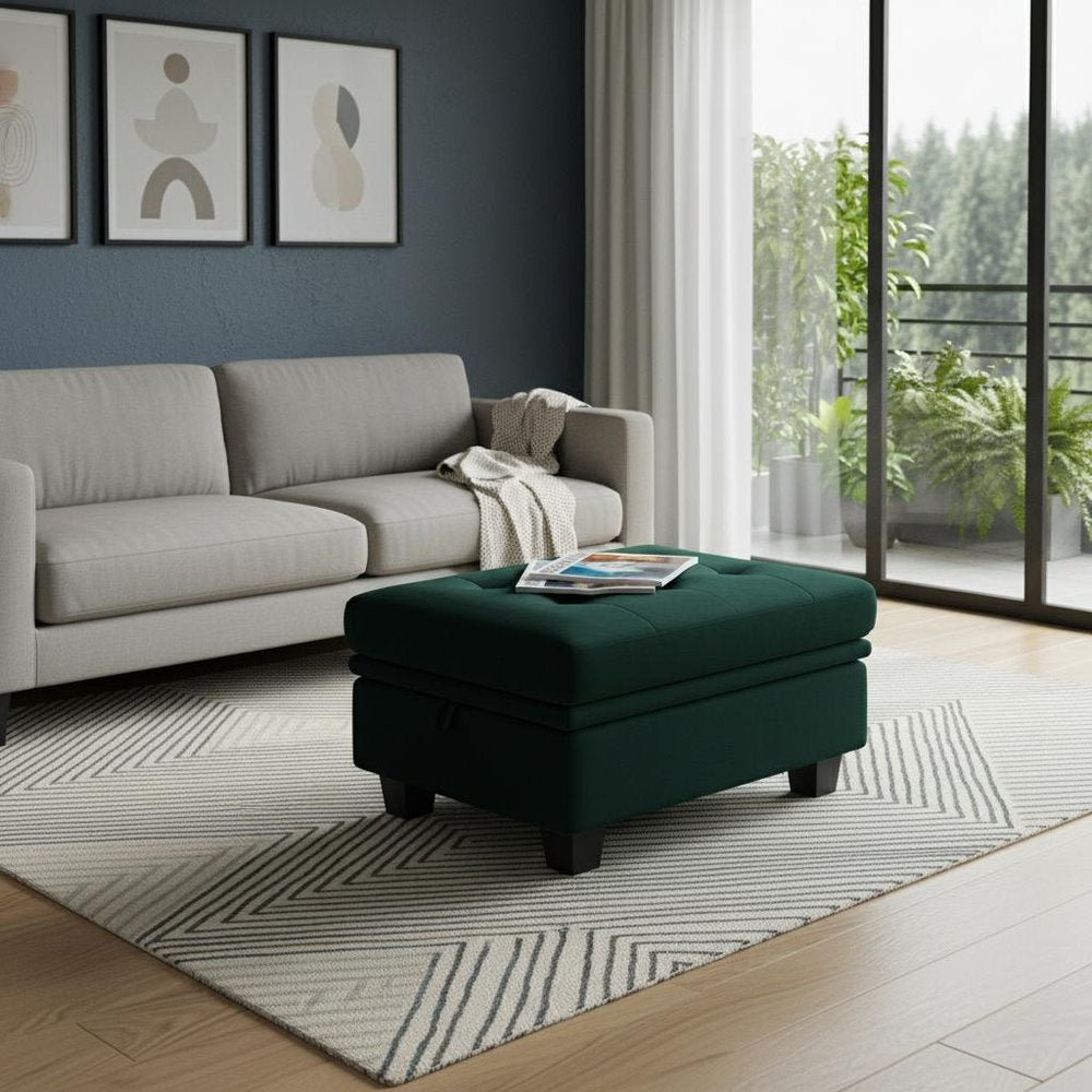 32" Green and Black Velvet Tufted Storage Ottoman