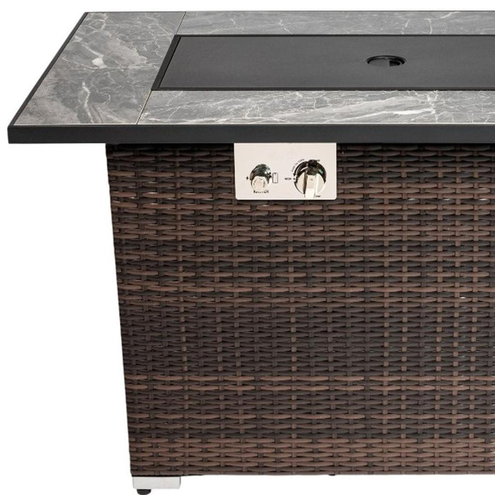 50000 BTU 43" Brown Wicker Propane Rectangular Fire Pit With Cover
