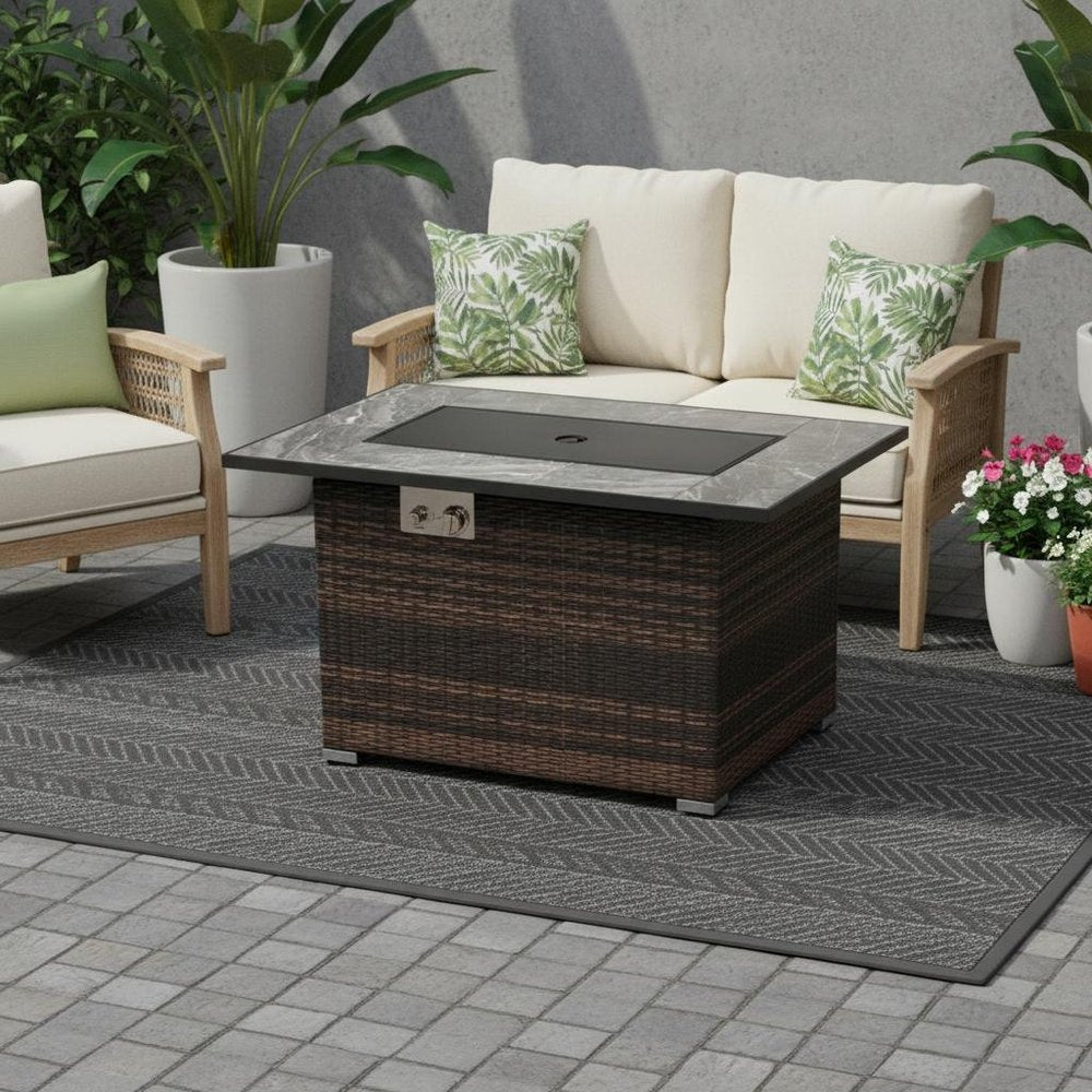 50000 BTU 43" Brown Wicker Propane Rectangular Fire Pit With Cover
