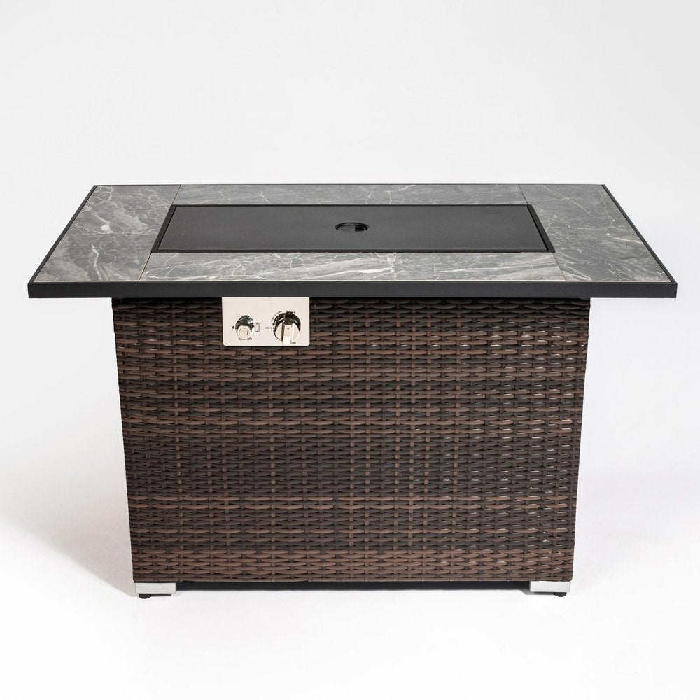 50000 BTU 43" Brown Wicker Propane Rectangular Fire Pit With Cover. Outdoor fireplaces and firepit isolated on a plain white background, finished in brown wicker.