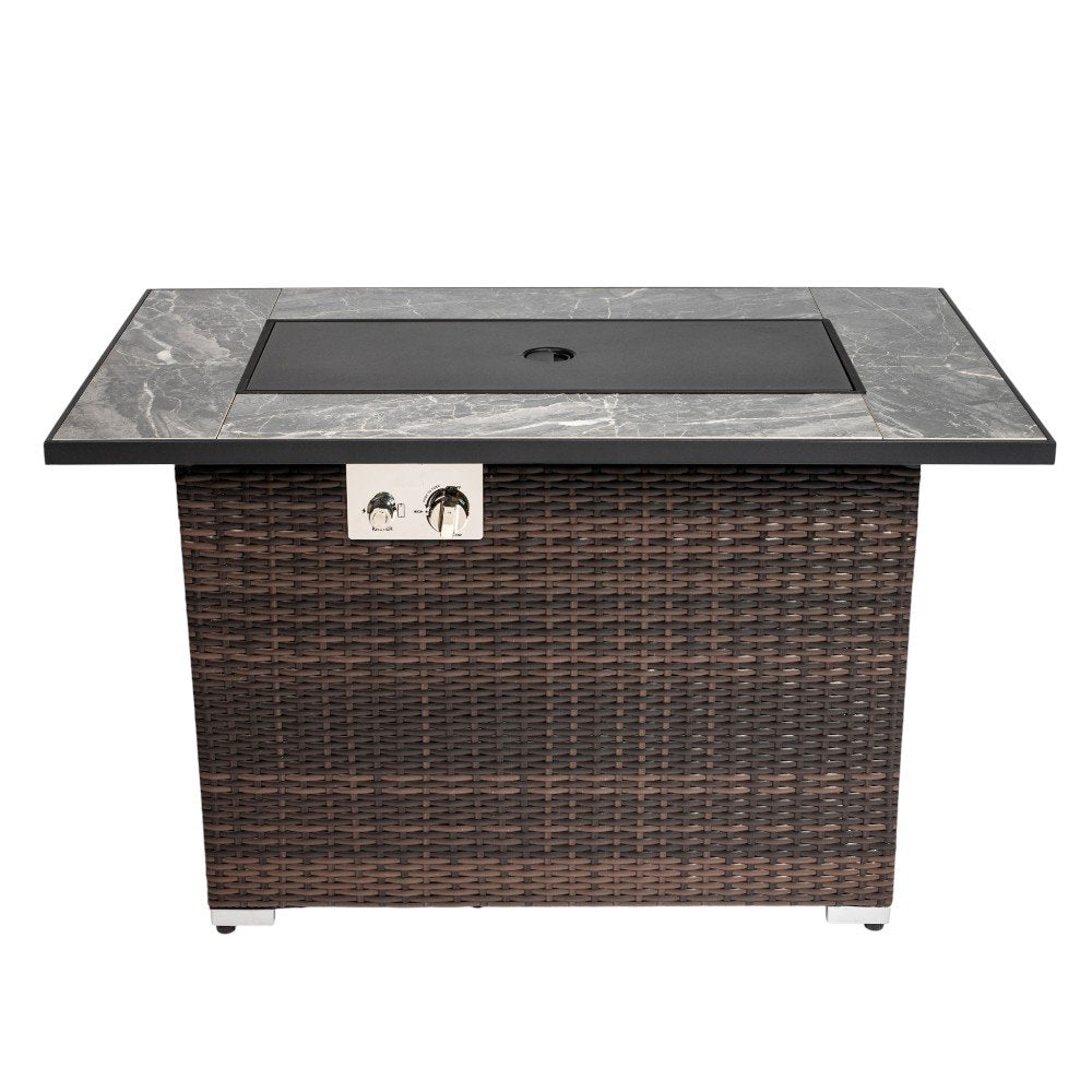 50000 BTU 43" Brown Wicker Propane Rectangular Fire Pit With Cover. Outdoor fireplaces and firepit isolated on a plain white background, showing a brown wicker surface.