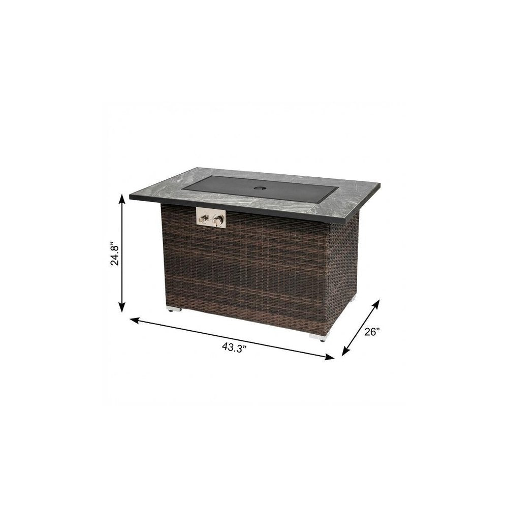 50000 BTU 43" Brown Wicker Propane Rectangular Fire Pit With Cover. Outdoor fireplaces and firepit isolated on a plain white background, in a brown wicker finish.
