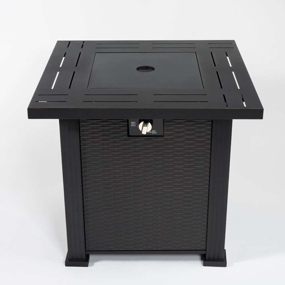 50000 BTU 28" Black Steel Propane Square Fire Pit Table With Cover. Outdoor fireplaces and firepit isolated on a plain white background, showing a black metal surface.