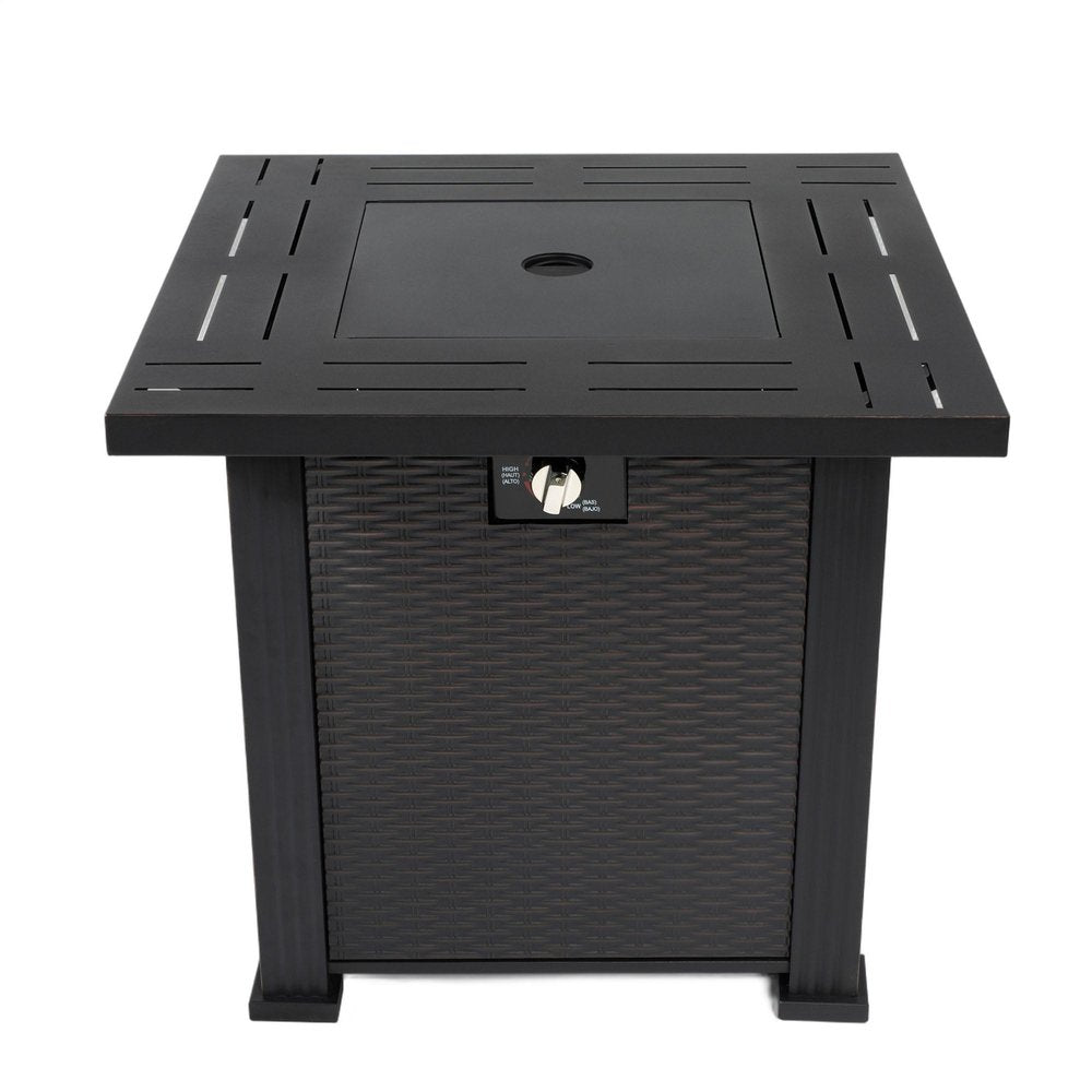 50000 BTU 28" Black Steel Propane Square Fire Pit Table With Cover. Outdoor fireplaces and firepit isolated on a plain white background, in a black metal finish.