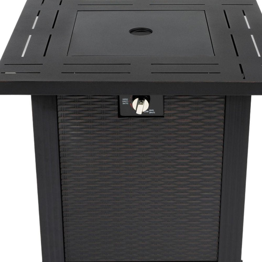 Cropped view of 50000 BTU 28" Black Steel Propane Square Fire Pit Table With Cover focusing on the black metal surface.