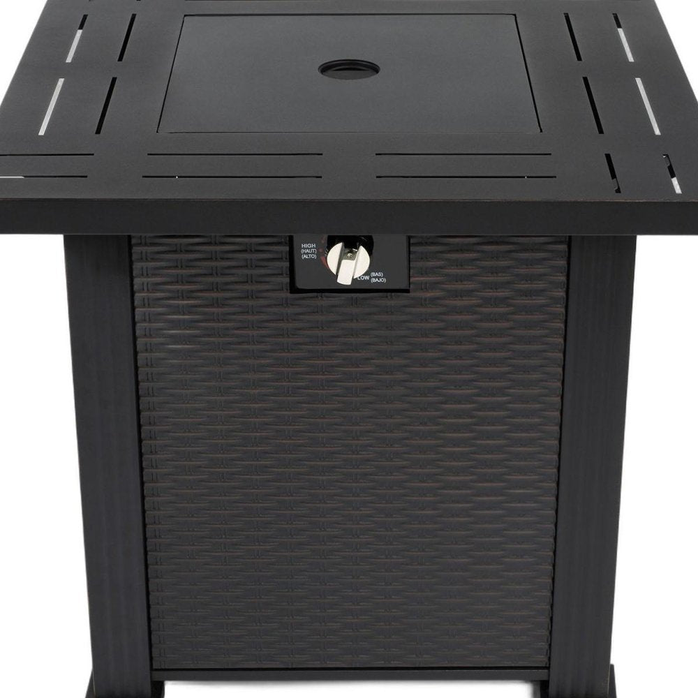 50000 BTU 28" Black Steel Propane Square Fire Pit Table With Cover detail shot of the black metal finish.