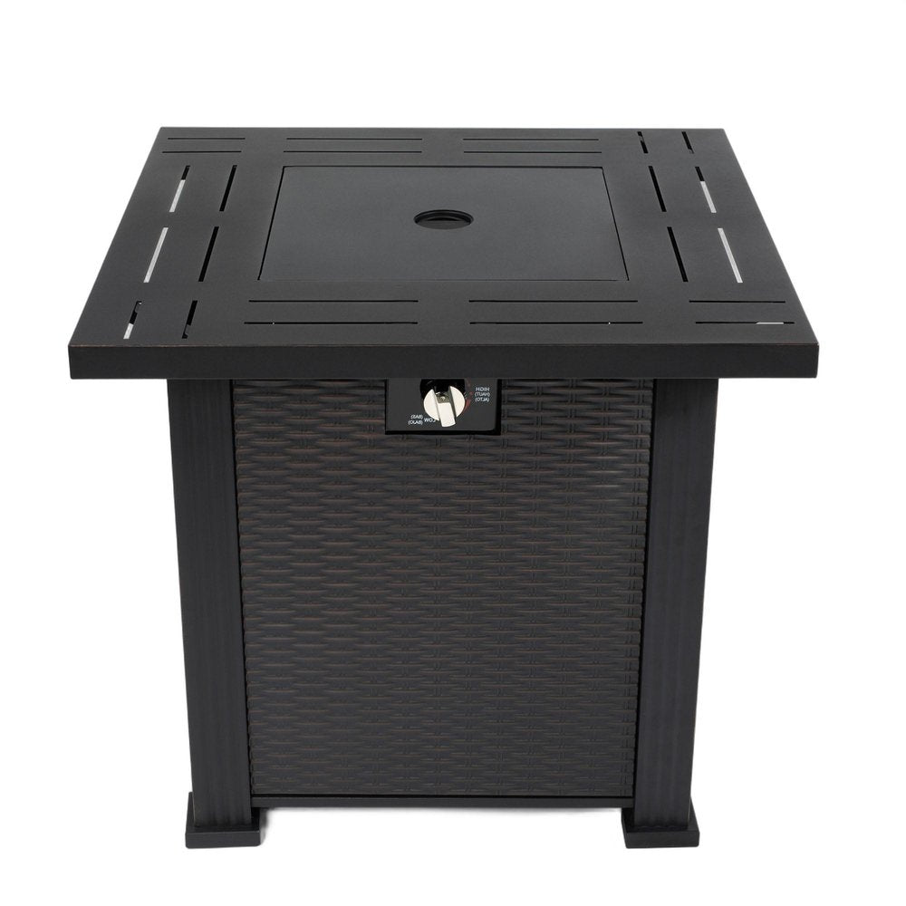 50000 BTU 28" Black Steel Propane Square Fire Pit Table With Cover. Outdoor fireplaces and firepit isolated on a plain white background, finished in black metal.
