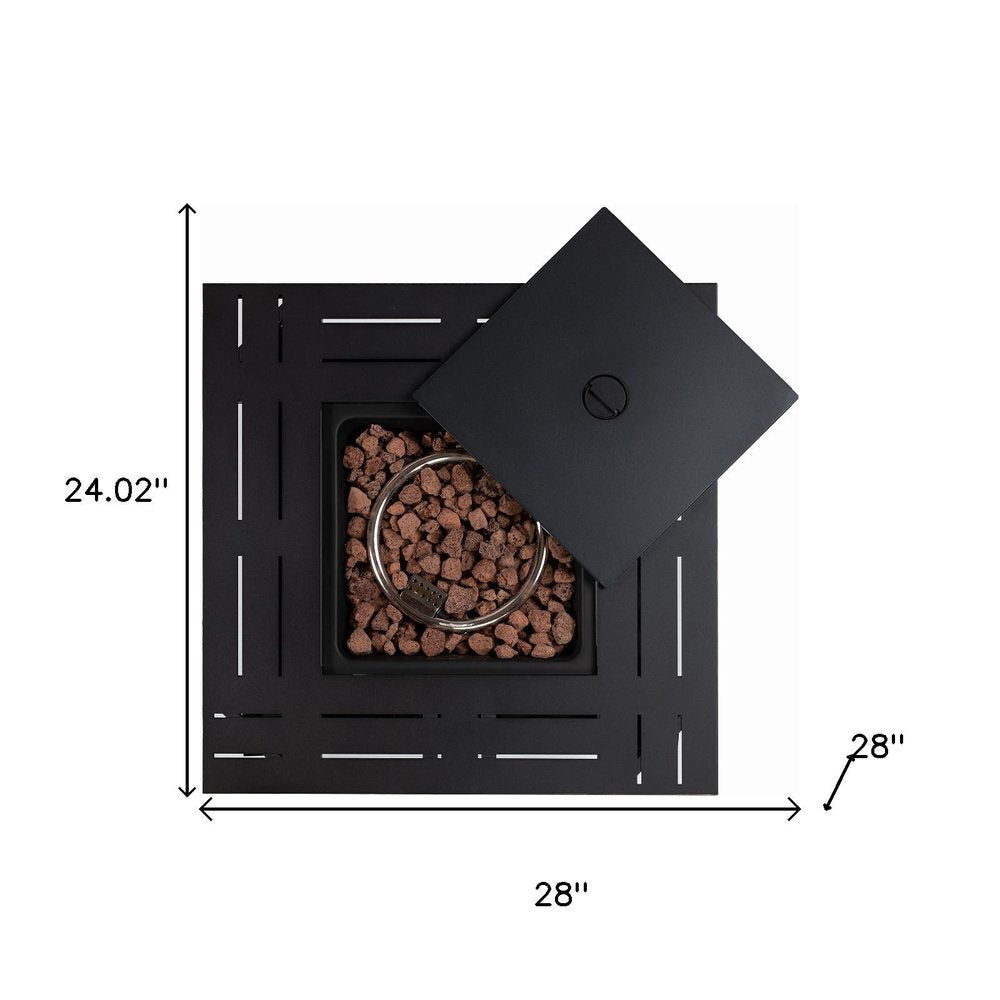 50000 BTU 28" Black Steel Propane Square Fire Pit Table With Cover. Outdoor fireplaces and firepit isolated on a plain white background, finished in black metal.