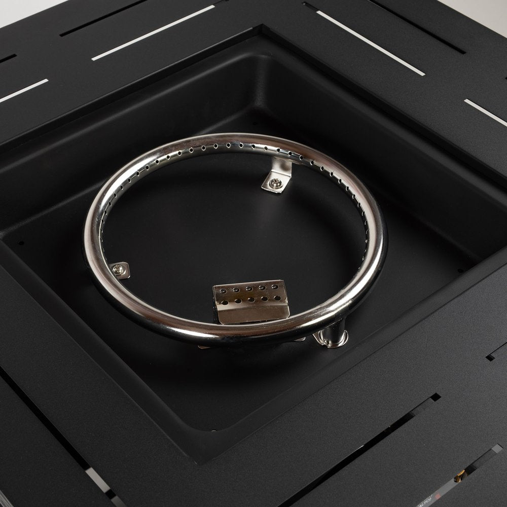 50000 BTU 28" Black Steel Propane Square Fire Pit Table With Cover photographed against a dark studio background in black.