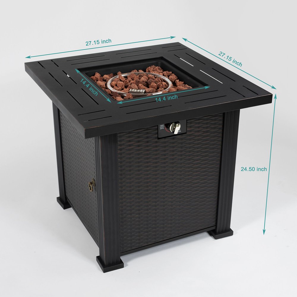 50000 BTU 28" Black Steel Propane Square Fire Pit Table With Cover detail shot of the black metal finish.