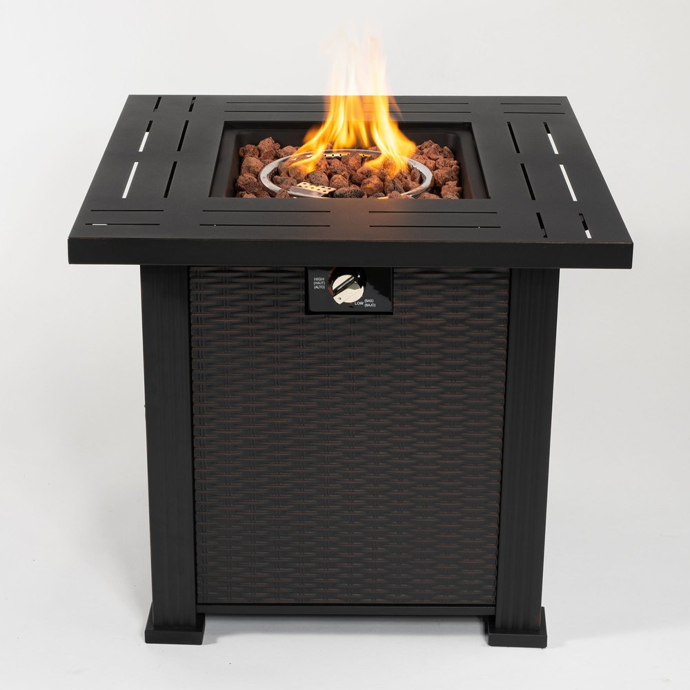 Close-up of 50000 BTU 28" Black Steel Propane Square Fire Pit Table With Cover showing black metal detail.