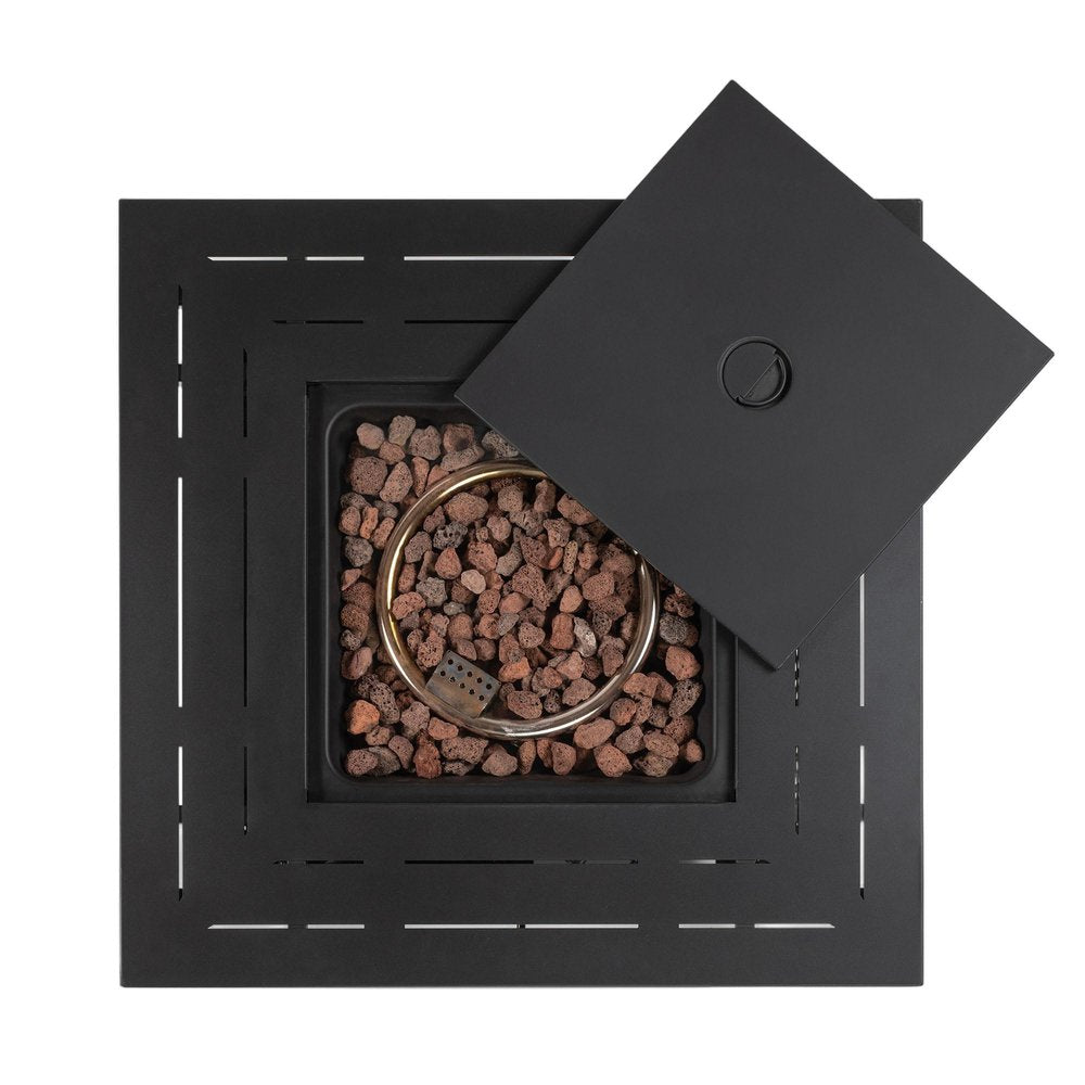 50000 BTU 28" Black Rattan Propane Square Fire Pit With Cover. Outdoor fireplaces and firepit isolated on a plain white background, showing a black rattan surface.