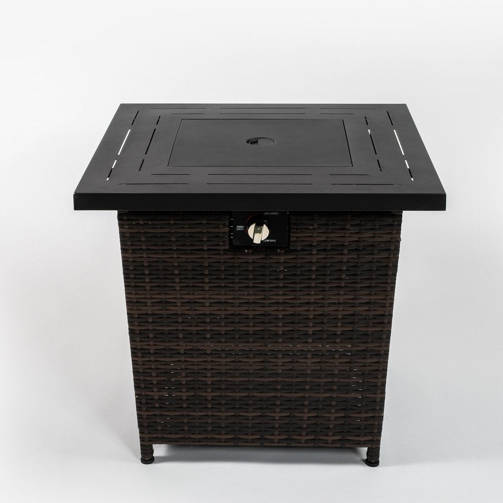 50000 BTU 28" Black Rattan Propane Square Fire Pit With Cover. Outdoor fireplaces and firepit isolated on a plain white background, finished in black rattan.