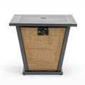 50000 BTU 28" Black Steel Propane Square Fire Pit With Cover. Outdoor fireplaces and firepit isolated on a plain white background, in a black metal finish.