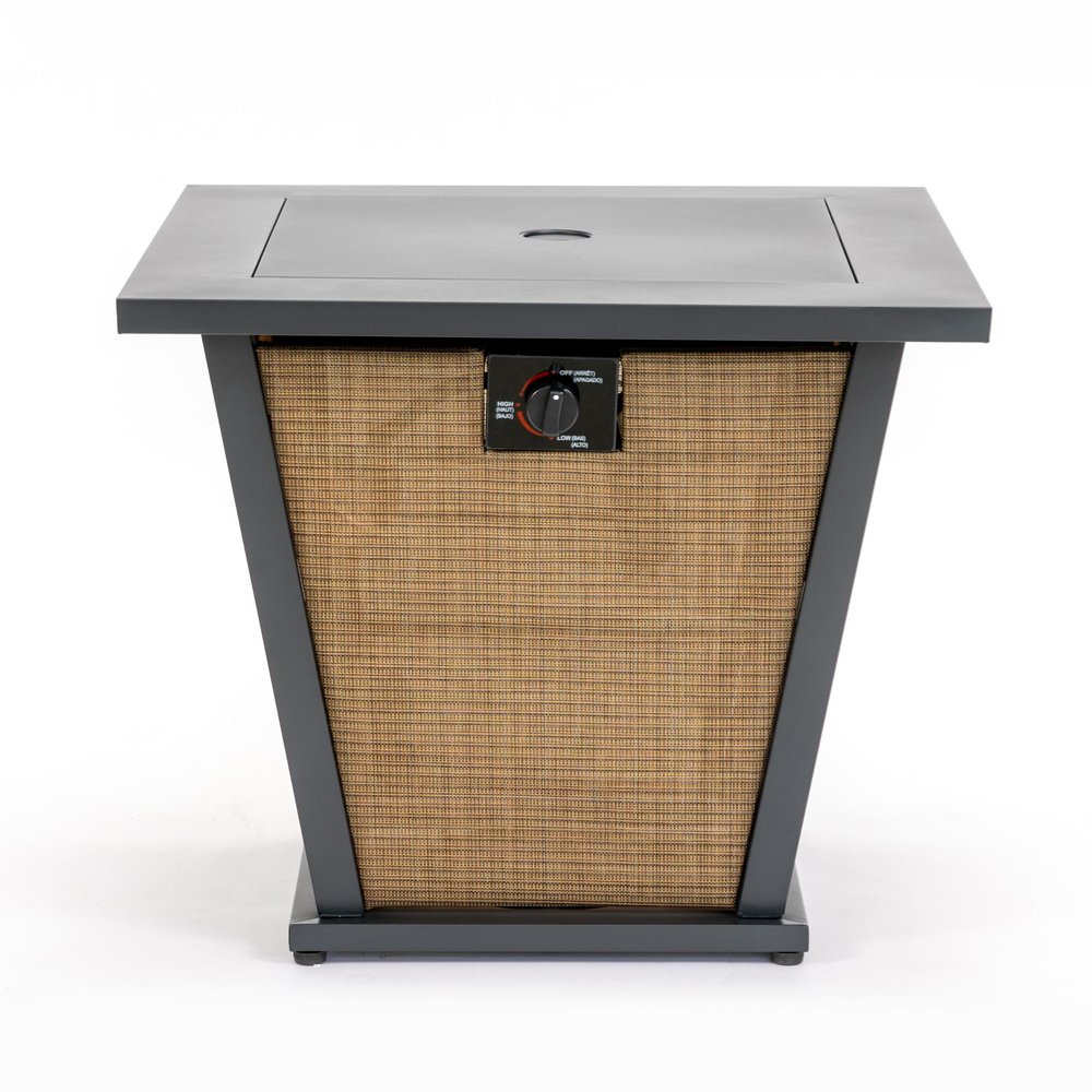 Square black steel propane fire pit with woven tan side panels and a control knob on a white background.