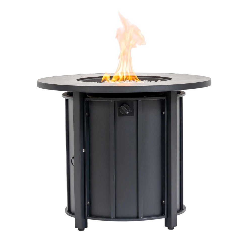 50000 BTU 30" Black Steel Propane Column Fire Pit With Cover. Outdoor fireplaces and firepit isolated on a plain white background, finished in black metal.