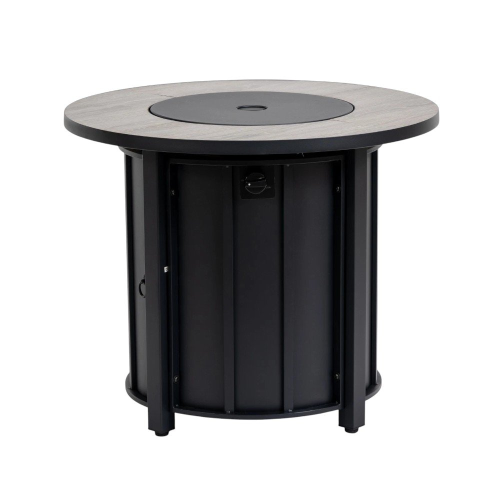 50000 BTU 30" Black Steel Propane Column Fire Pit With Cover. Outdoor fireplaces and firepit isolated on a plain white background, showing a black metal surface.
