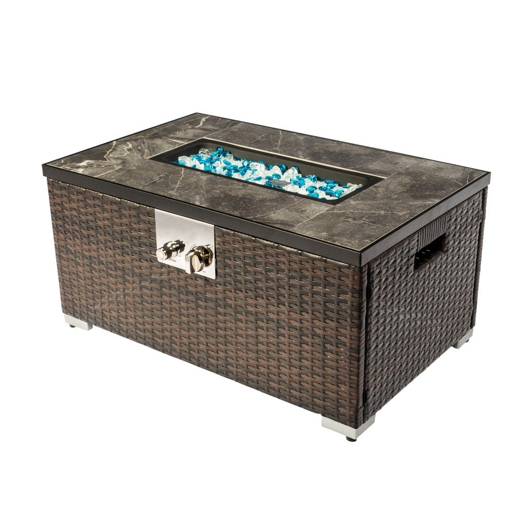 50000 BTU 32" Brown Rattan Propane Rectangular Fire Pit Table With Cover