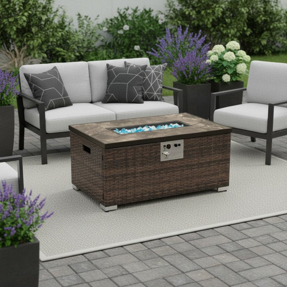 50000 BTU 32" Brown Rattan Propane Rectangular Fire Pit Table With Cover