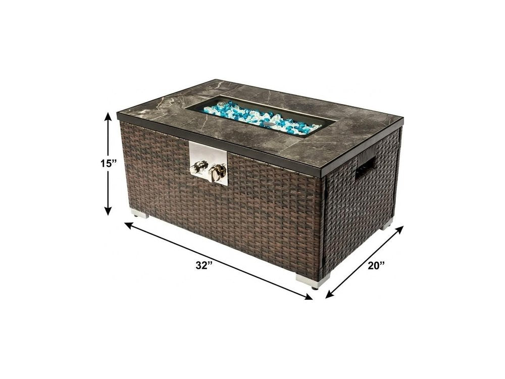 50000 BTU 32" Brown Rattan Propane Rectangular Fire Pit Table With Cover