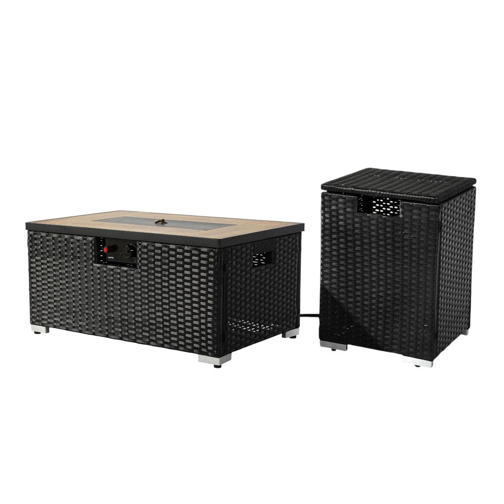 40000 BTU 32" Brown Wicker Propane Rectangular Fire Pit With Cover. Outdoor fireplaces and firepit isolated on a plain white background, showing a wicker surface.