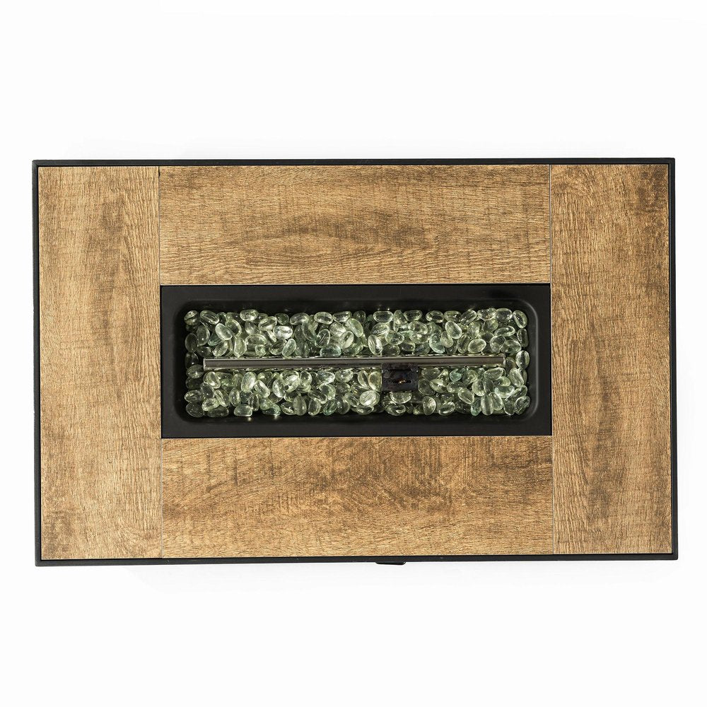 Rectangular propane fire pit with a brown wicker-look frame and clear glass fire media.