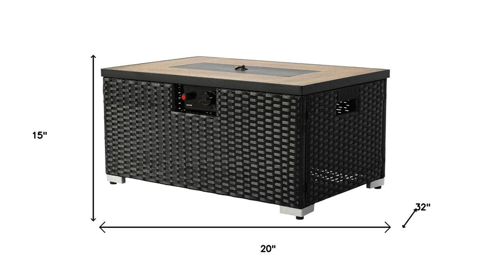40000 BTU 32" Brown Wicker Propane Rectangular Fire Pit With Cover. Outdoor fireplaces and firepit isolated on a plain white background, finished in brown wicker.
