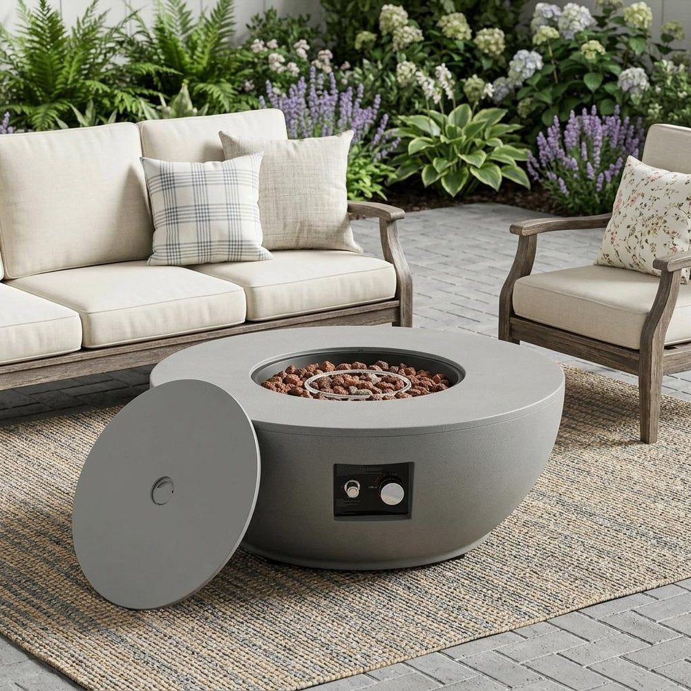50000 BTU 37" Gray Steel Propane Round Fire Pit With Cover