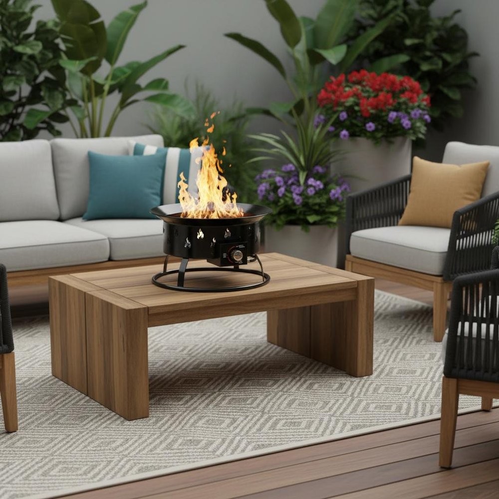 50000 BTU 19" Black Steel Propane Portable Tabletop Round Fire Pit shown outdoors on a tiled patio with greenery.