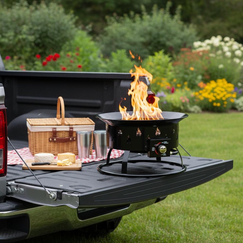 50000 BTU 19" Black Steel Propane Portable Tabletop Round Fire Pit shown outdoors on a patio with greenery.